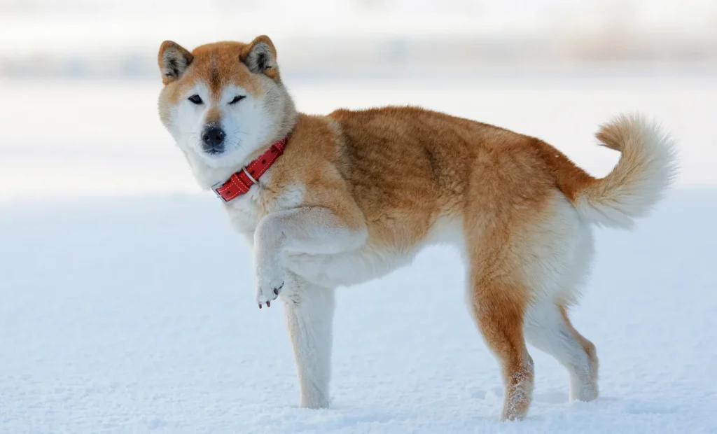 冷たくて片足をあげる柴犬